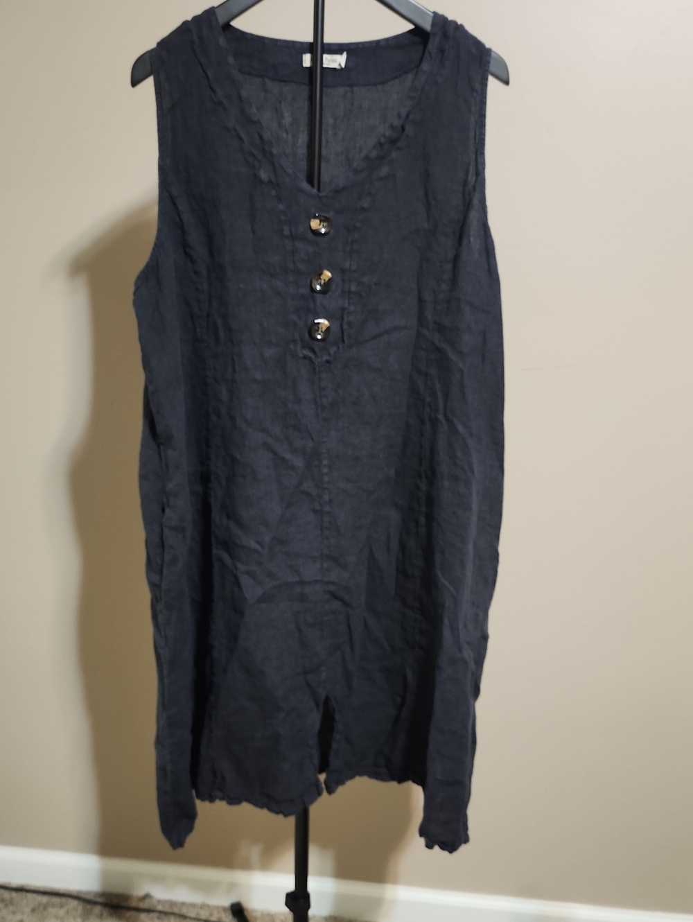 Sleeveless Navy Linen Button-Front Tunic Dress